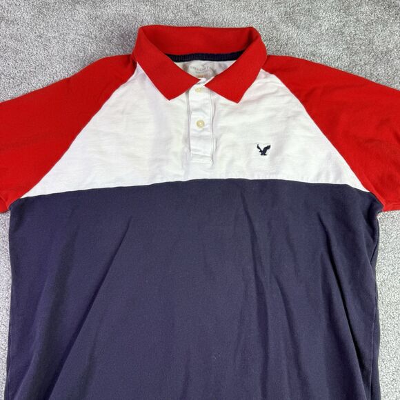 American Eagle Shirt Men’s Medium Blue Color Block Polo Casual Short Sleeve - Picture 1 of 9